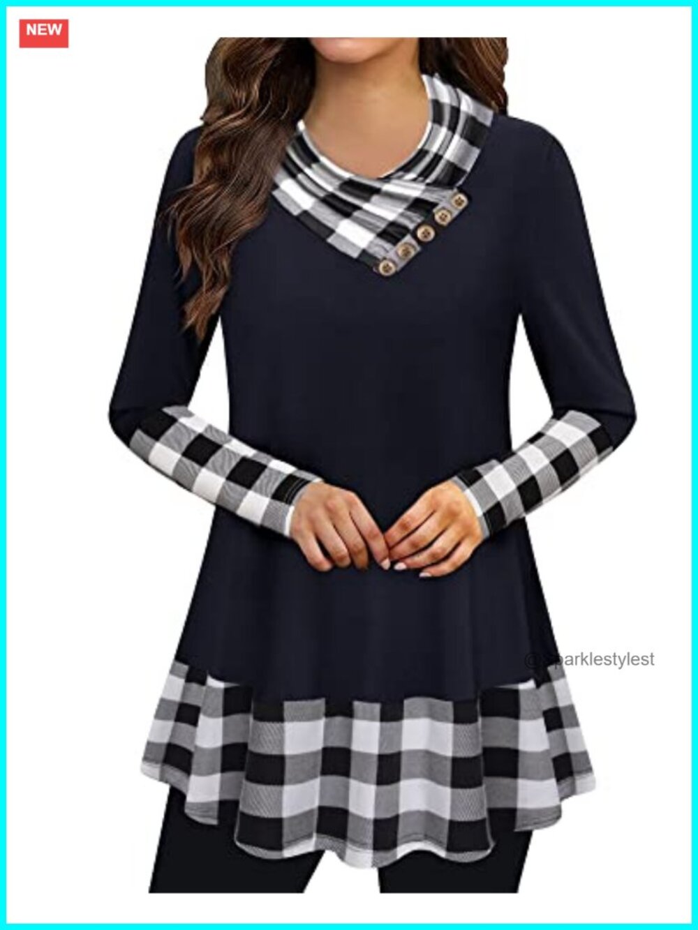 Long Sleeve Cowl Neck Tunic Top Button Floral Plaid Work Casual
